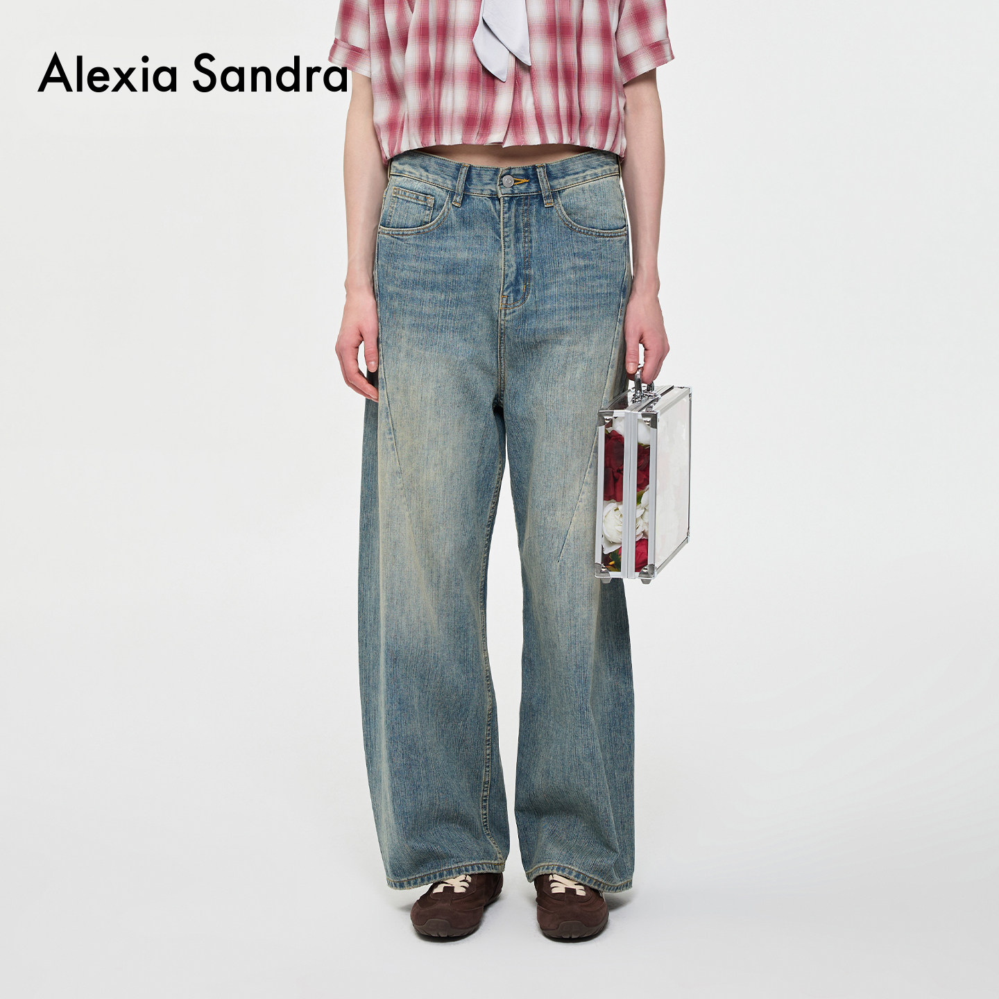 AlexiaSandra蝴蝶结印花做旧捏褶阔腿牛仔裤蓝色时尚2026夏季新款