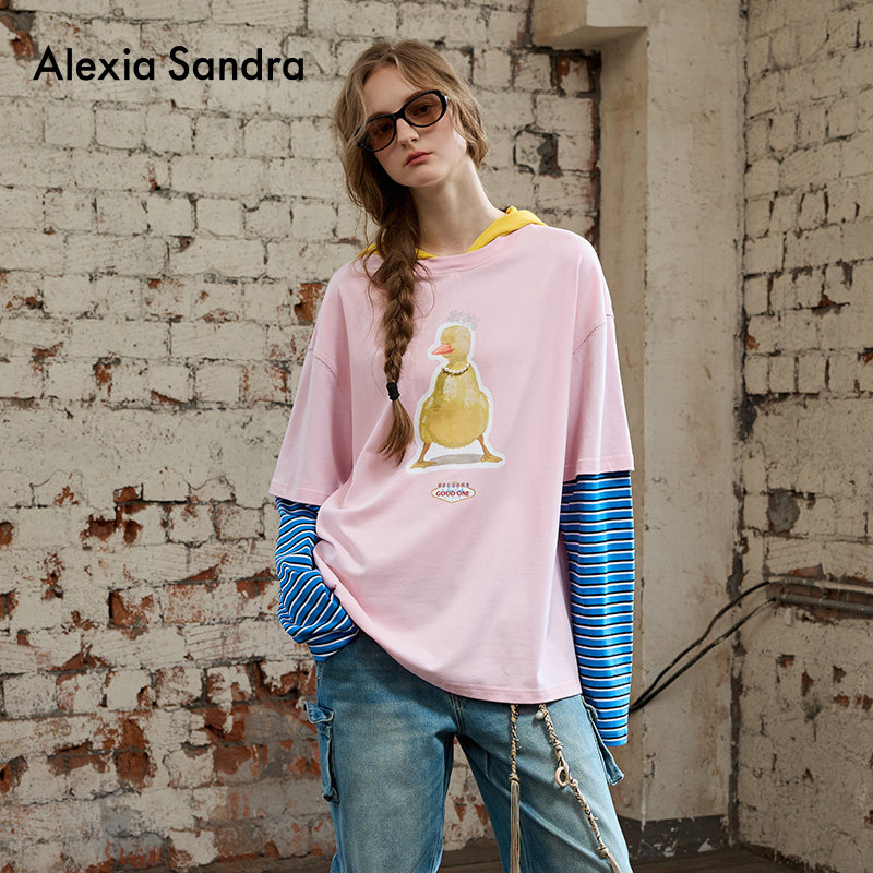 赵磊张泽禹同款AlexiaSandra假两件拼接连帽撞色甜美时尚长袖T恤