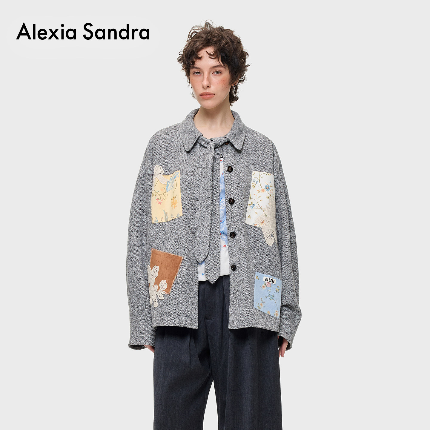 Alexia Sandra深灰重工贴布绣花衬衫领带外套2026冬季新款上衣女