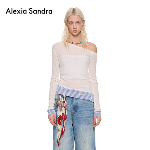 何蓝逗同款AlexiaSandra2025新款羊毛斜肩拼接条纹修身通勤风上衣