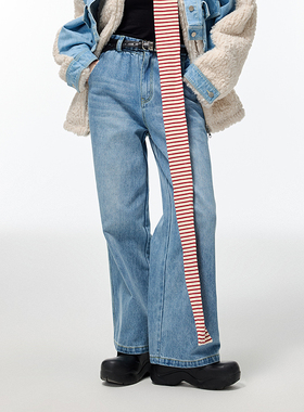 Alexia Sandra简约松紧腰阔腿牛仔裤蓝色通勤百搭时尚直筒长裤女