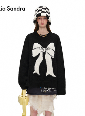 Alexia Sandra秋季蝴蝶结提花撞色廓形圆领套头针织衫毛衣上衣女