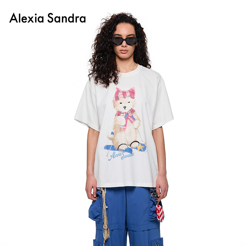Darrrrcy同款Alexia Sandra小狗滑雪落肩短袖T恤宽松时尚半袖上衣