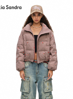 Alexia Sandra秋冬复古刺绣樱桃立领短款羽绒服外套女面包服保暖