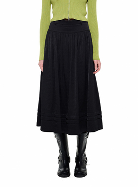 Alexia Sandra夏季肌理抽褶纯色收腰半身裙黑色显瘦中长款裙子女