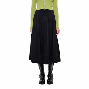 裙子女 肌理抽褶纯色收腰半身裙黑色显瘦中长款 Alexia Sandra夏季