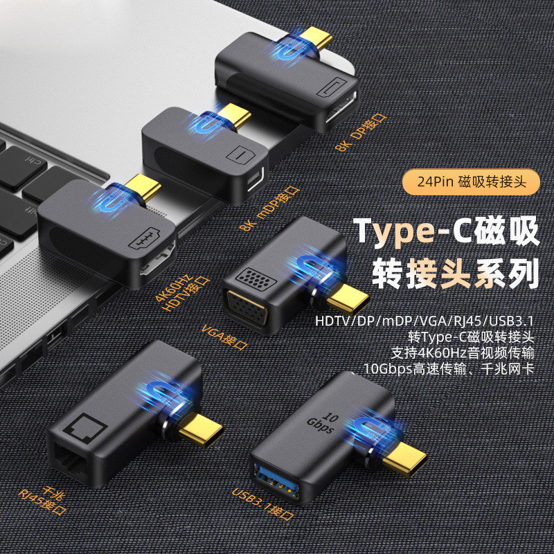 Type-C转音视频磁吸转接头HDMI2.0/Mini DP1.4/VGA/RJ45/USB3.1高清投屏8K60Hz千