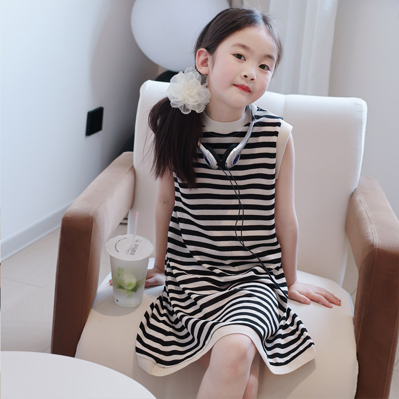 女童连衣裙夏季洋气儿童条纹无袖薄款背心中长款宝宝T恤裙子夏装