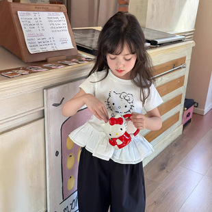 上衣 女童2025夏时髦设计感T恤可爱甜美蕾丝花边拼接卡通猫咪短袖