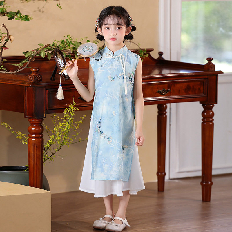 女童奥黛旗袍蓝色新中式国风汉服儿童连衣裙六一儿童古筝演出裙子