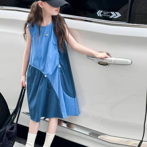 拼色抽绳掉肩连衣裙韩版女童夏装