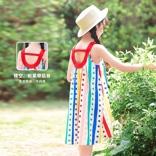 女童夏季连衣裙彩虹条纹无袖挂脖