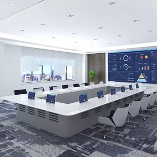 方形会议桌无纸化 升降屏多媒体会议系统一天智能办公条形桌