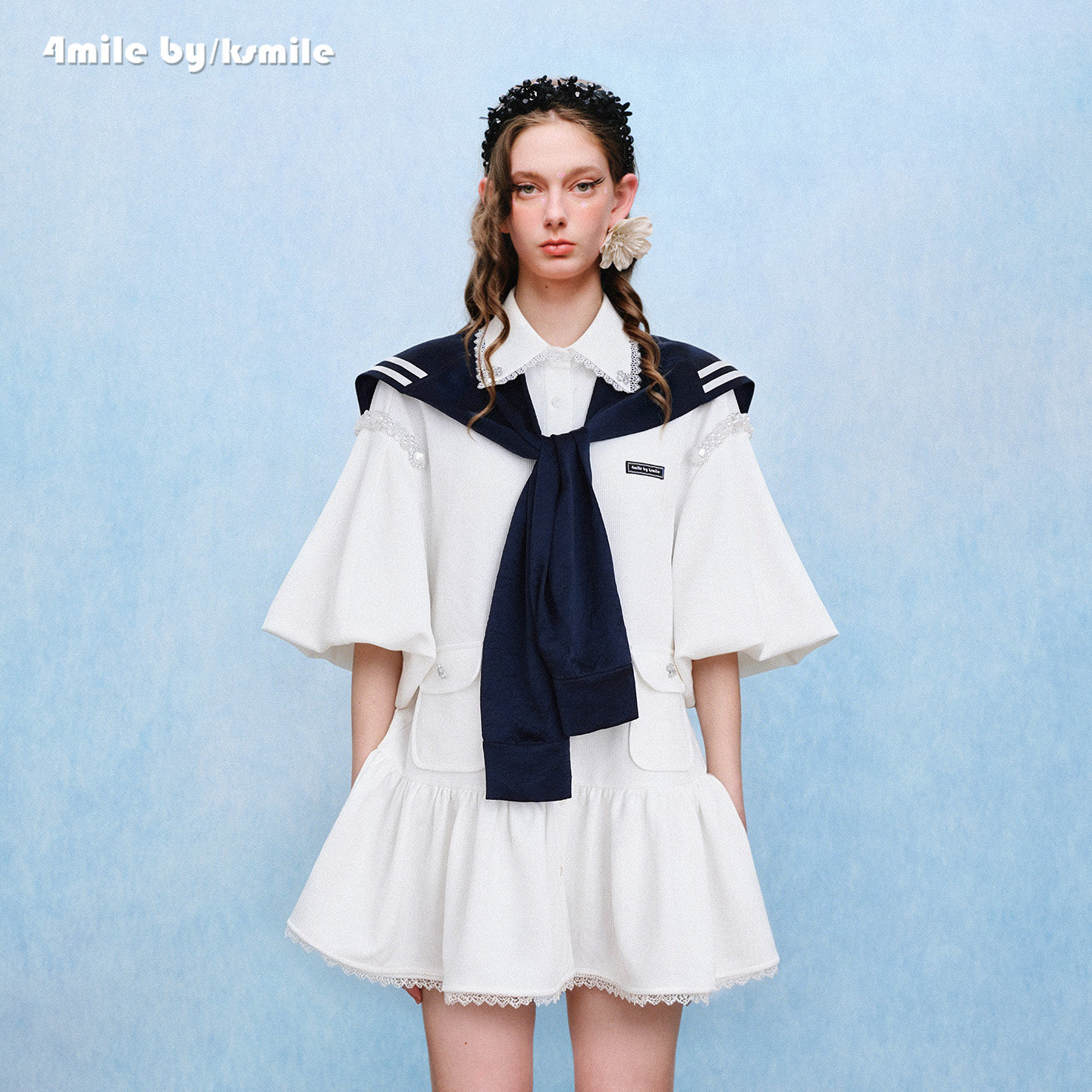 【夏上新】4MILE BY KSMILE 26春夏新款海军领披肩学院连衣裙