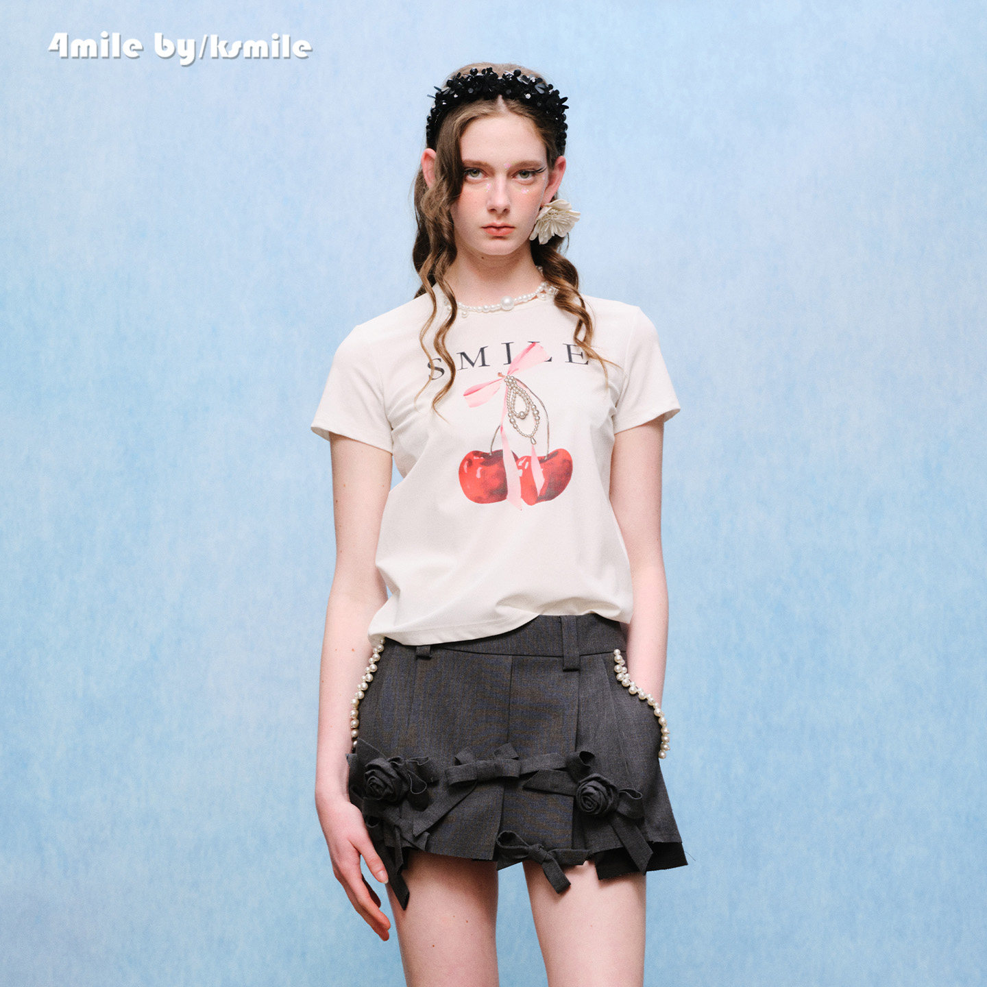 【李小冉同款】4MILE BY KSMILE 26春夏新款樱桃印花修身正肩T恤