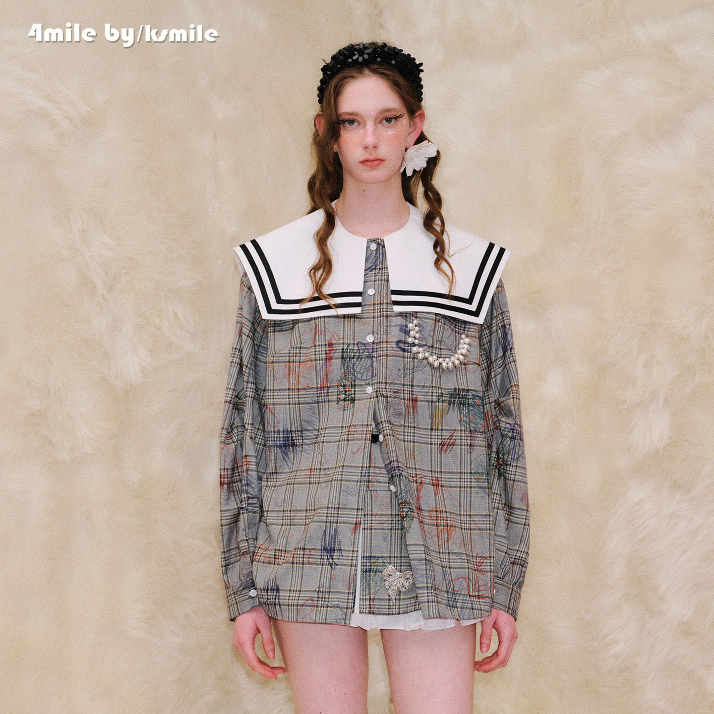 4MILE BY KSMILE 26秋季新款格纹趣味涂鸦衬衫珠链海军领学院上衣