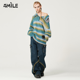 阔腿长裤 4MILE设计师品牌 复古感手工拉毛女士牛仔裤