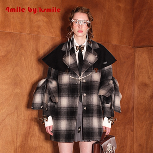 年货狂欢季 格纹蝴蝶结袖 4MILE KSMILE 黑色海军领披肩外套