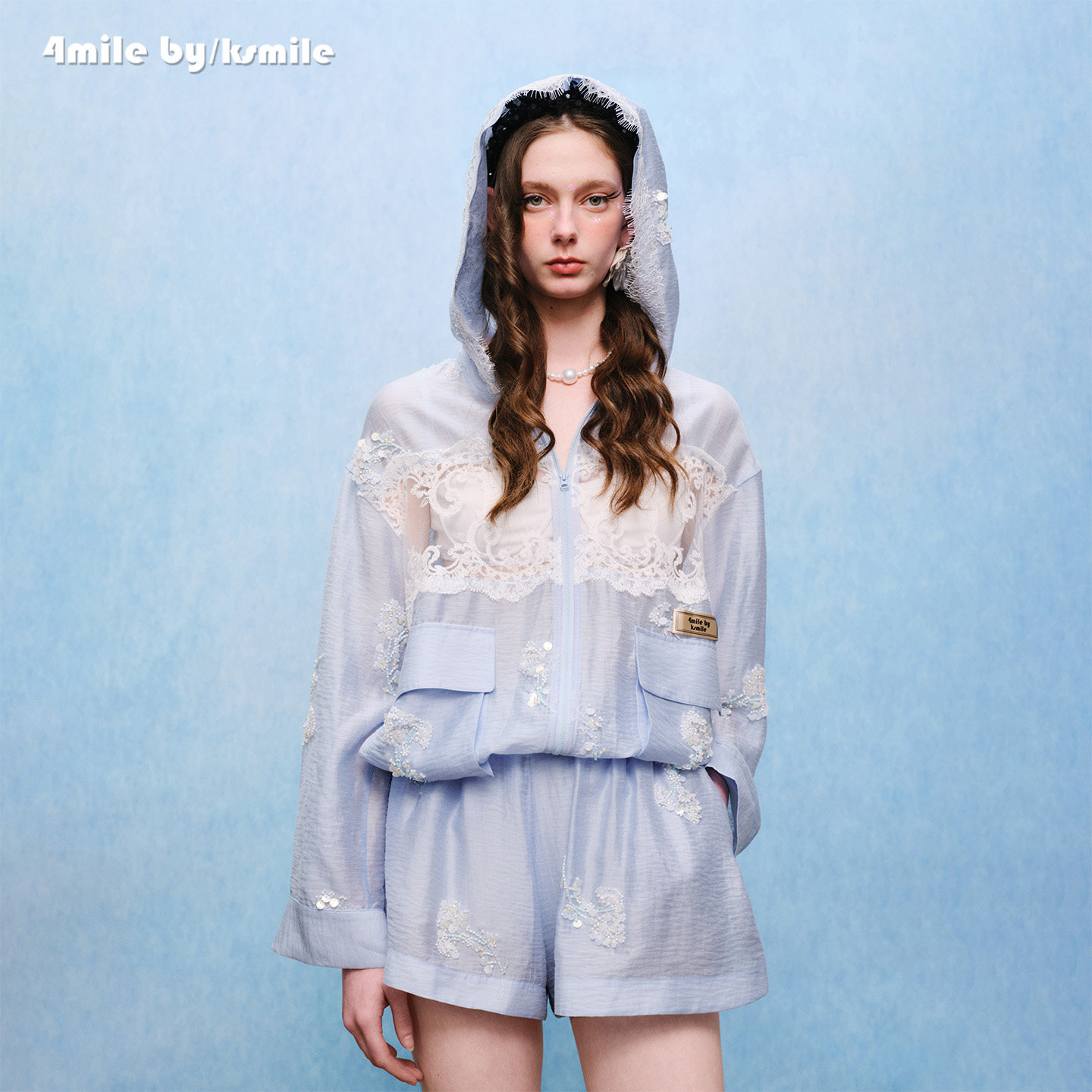 【618狂欢购】4MILE BY KSMILE 26春夏新款蕾丝拼接长袖连帽套装