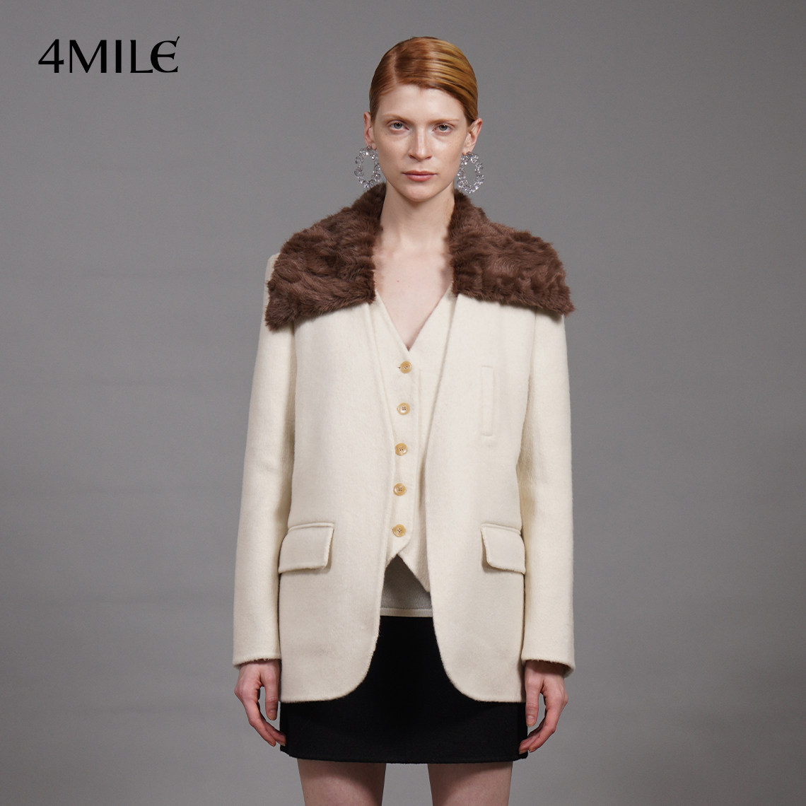 【年货狂欢季】4MILE 撞色棕毛领拼接假两件西装外套双面呢大衣