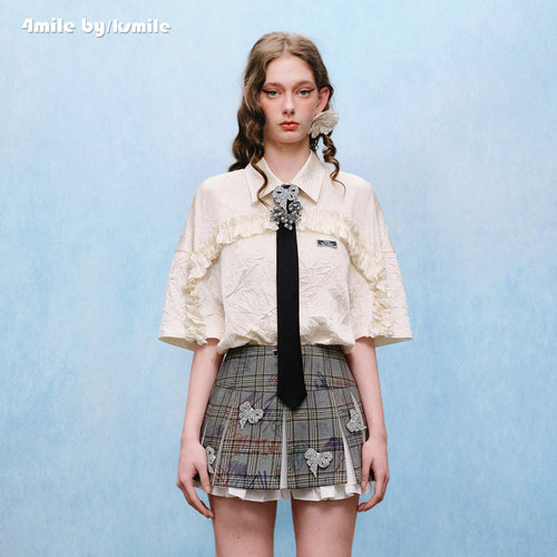 4MILE BY KSMILE 26早秋新款褶皱醋酸学院风短袖衬衫复古宽松上衣