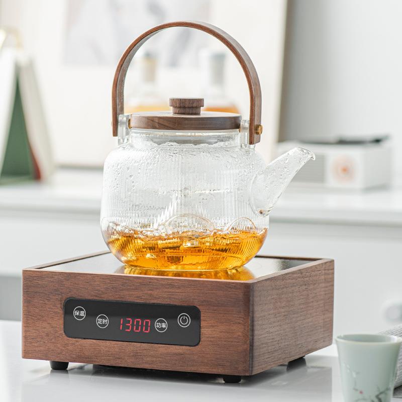 围炉煮茶套装胡桃木办公室烧水煮茶电陶炉水果茶竖纹平光玻璃茶壶