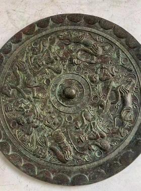 彷古青铜器风水老摆件古玩包老做旧古董镇宅纯铜海兽镜错银古铜镜