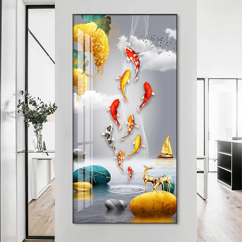 玄关装饰画招财九鱼图2023新款挂画现代简约正对门走廊过道壁画