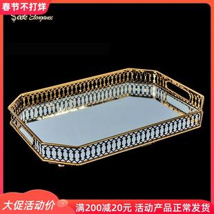 高档金色镜面托盘轻奢蓝玛瑙色金属托盘家用客厅多功能收纳盘 欧式