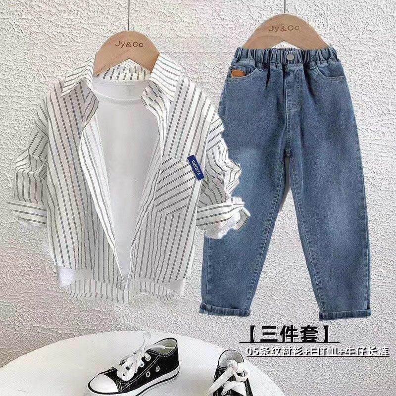 男童休闲 套装条纹衬衫弹力牛仔裤长袖衬衫中大童春秋季纯棉三件