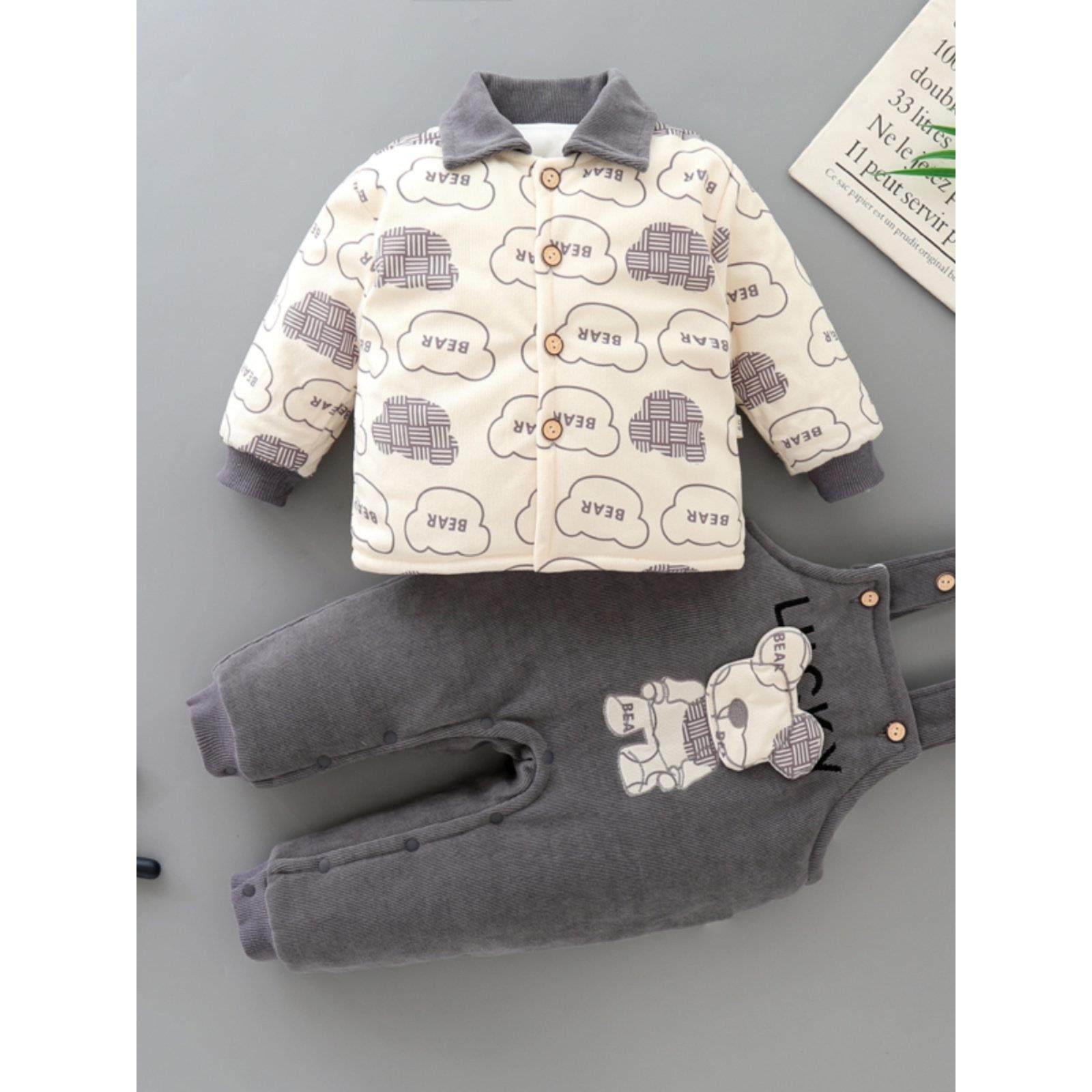 婴儿套装冬季加棉男宝宝秋冬装棉服背带裤分体新生儿衣服0-2岁