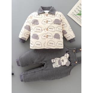 婴儿套装冬季加棉男宝宝秋冬装棉服背带裤分体新生儿衣服0-2岁