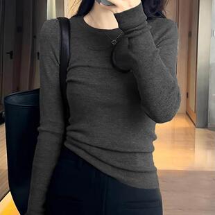 法式修身秋冬新款羊毛圆领打底衫女修身内搭正肩套头针织低领毛衣