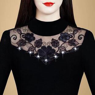 加绒半高领蕾丝打底衫妈妈秋冬季显瘦长袖l恤网纱女中年小衫上衣