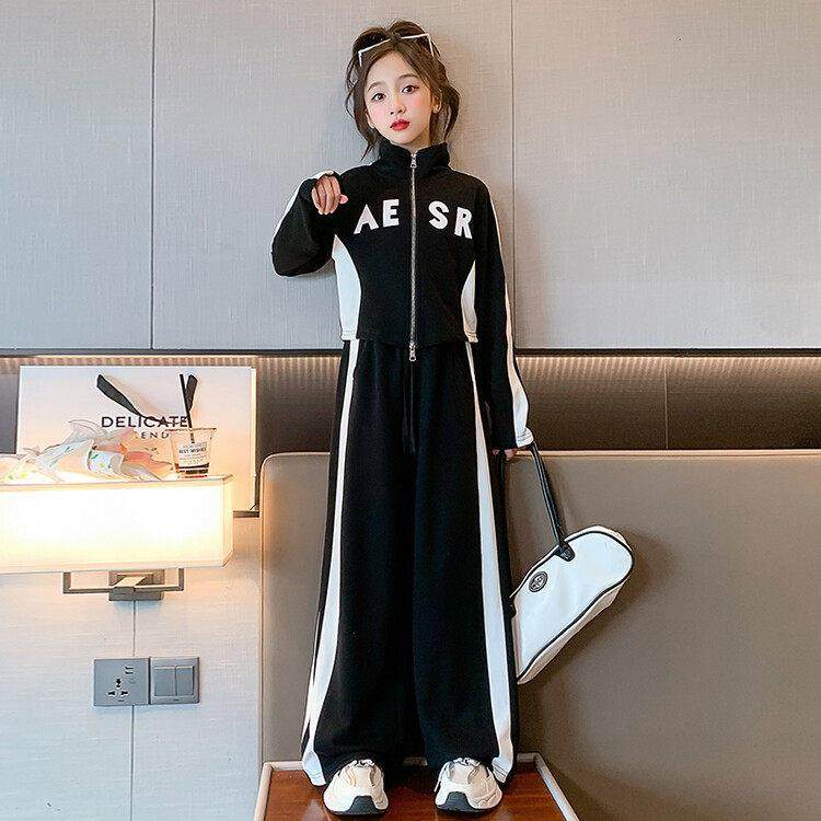 女童套装卫衣短款外套春秋款两件套2024新款韩版阔腿裤大童洋气潮