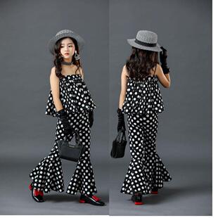 女童走秀复古港风波点喇叭裤吊带套装2023夏季新款喇叭裤潮服