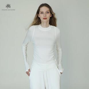SHUOMI半高领白色长袖T恤女 秋冬修身美式天丝羊毛高弹针织打底衫