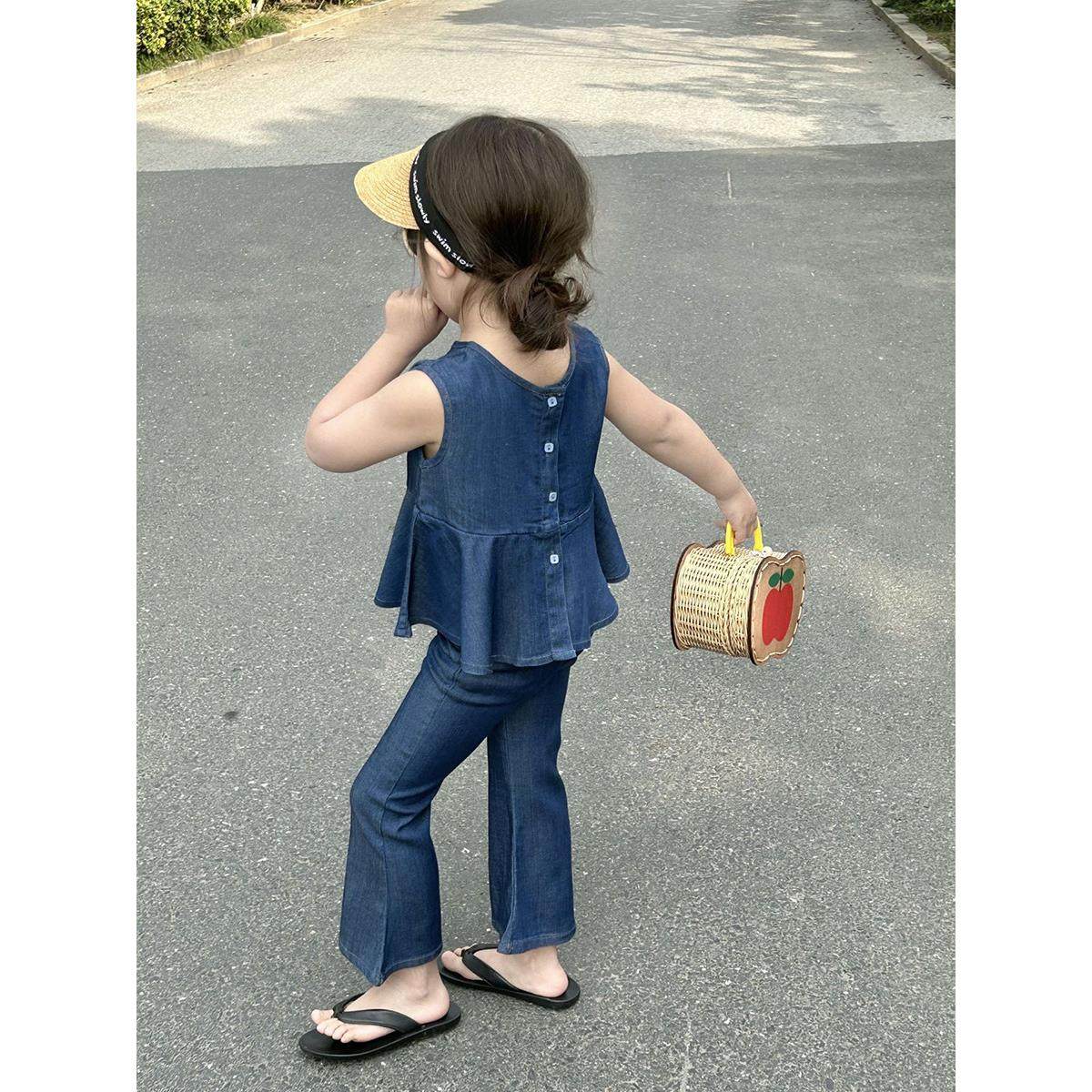 女童夏季清凉天丝棉背心喇叭裤套装薄款JU好穿牛仔上衣娃娃衫裤子