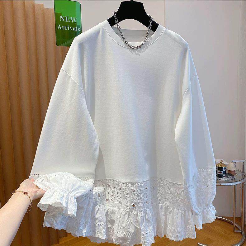 纯棉大码胖mm2-300斤蕾丝镂空拼接t恤女长袖春秋宽松打底衫上衣潮