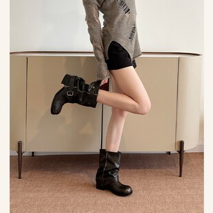 不二橘 复古裤管靴黑色褶皱西部牛仔靴圆头粗跟皮带扣官方旗舰店