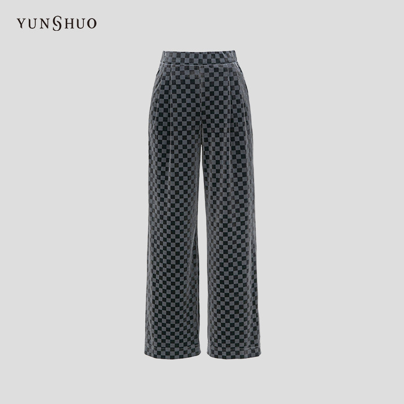 YUNSHUO丝绒直筒裤女2024春季新款宽松显瘦棋盘格休闲裤子198055