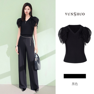 上衣345208 允硕新品 时尚 百搭拼接无袖 V领女气质简约黑色T恤短袖