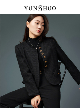 YUNSHUO精致短款金扣编制纹理单排扣气质小香外套455330