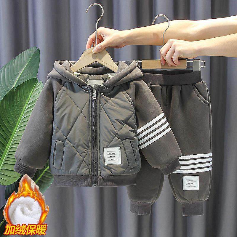 韩版儿童加绒卫衣套装男童两件套加厚保暖宝宝衣服连帽外套秋冬季