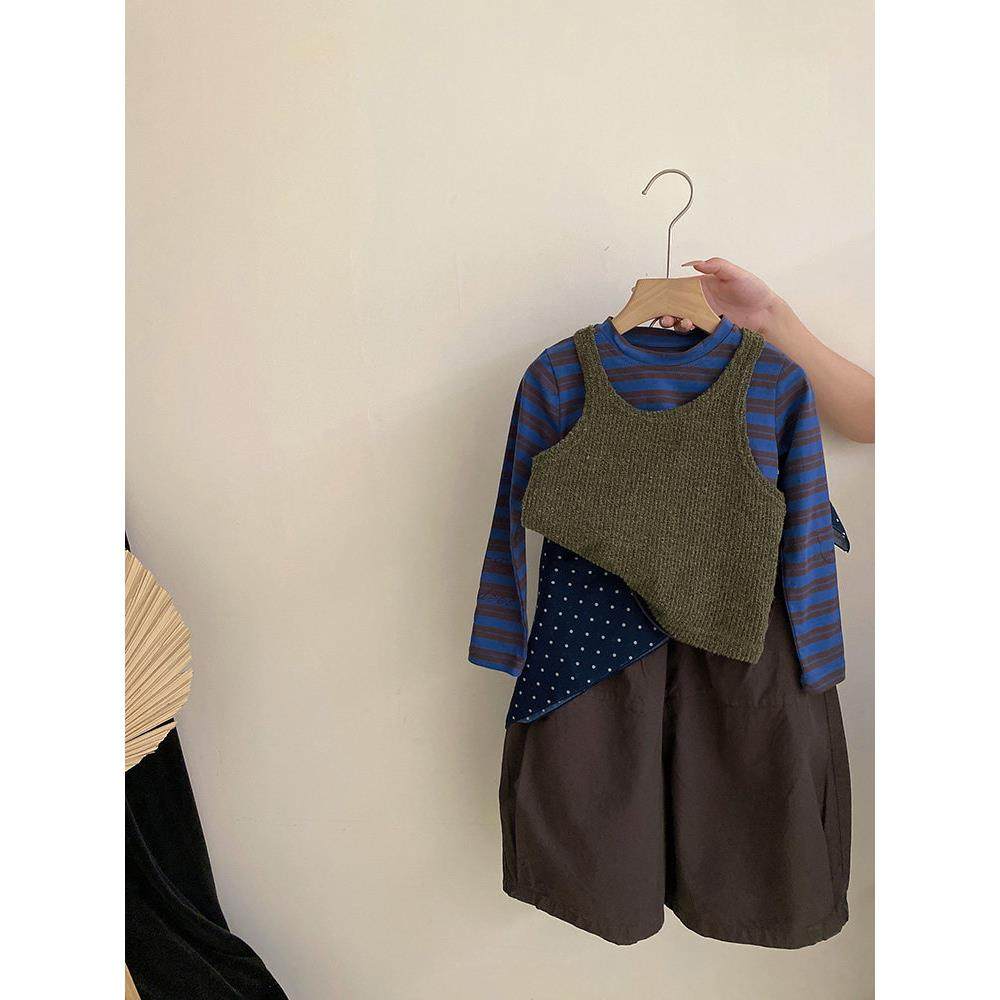 韩版女童套装秋装潮流针织马甲条纹打底衫屁帘阔腿裤四件套