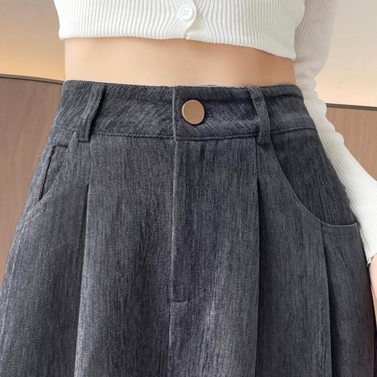 灰色灯芯绒西装阔腿裤女加绒秋冬2025新款小个子窄版微喇直筒裤子