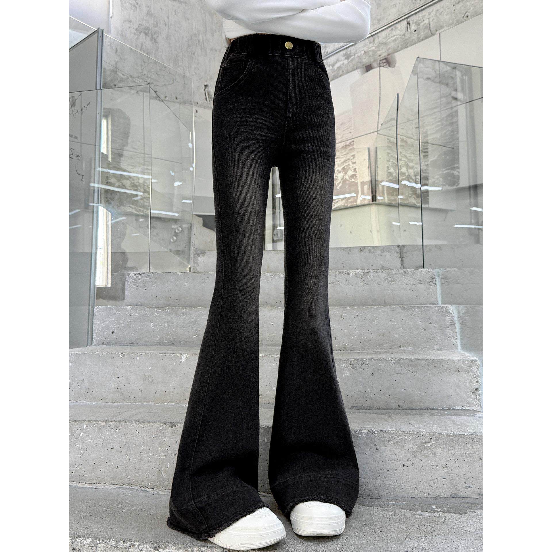 女童秋季裤子黑色初中生女孩喇叭裤2025新款儿童牛仔裤大童春秋装