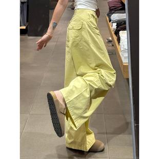 黄色阔腿工装裤女款2025新款美式休闲弯刀裤宽松慵懒风小个子裤子