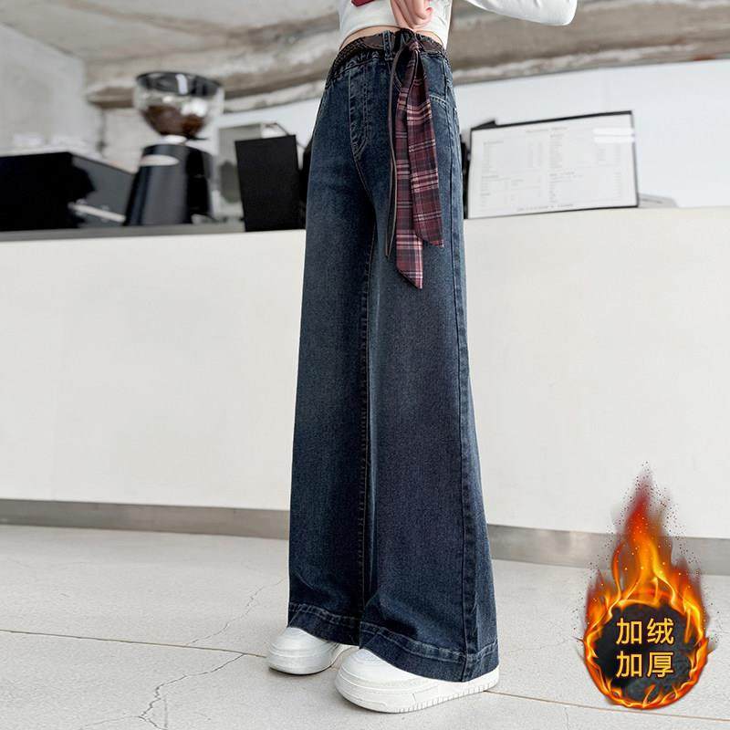 女童冬季加绒牛仔裤2025新款12岁大童学生超好看窄版直筒儿童裤子