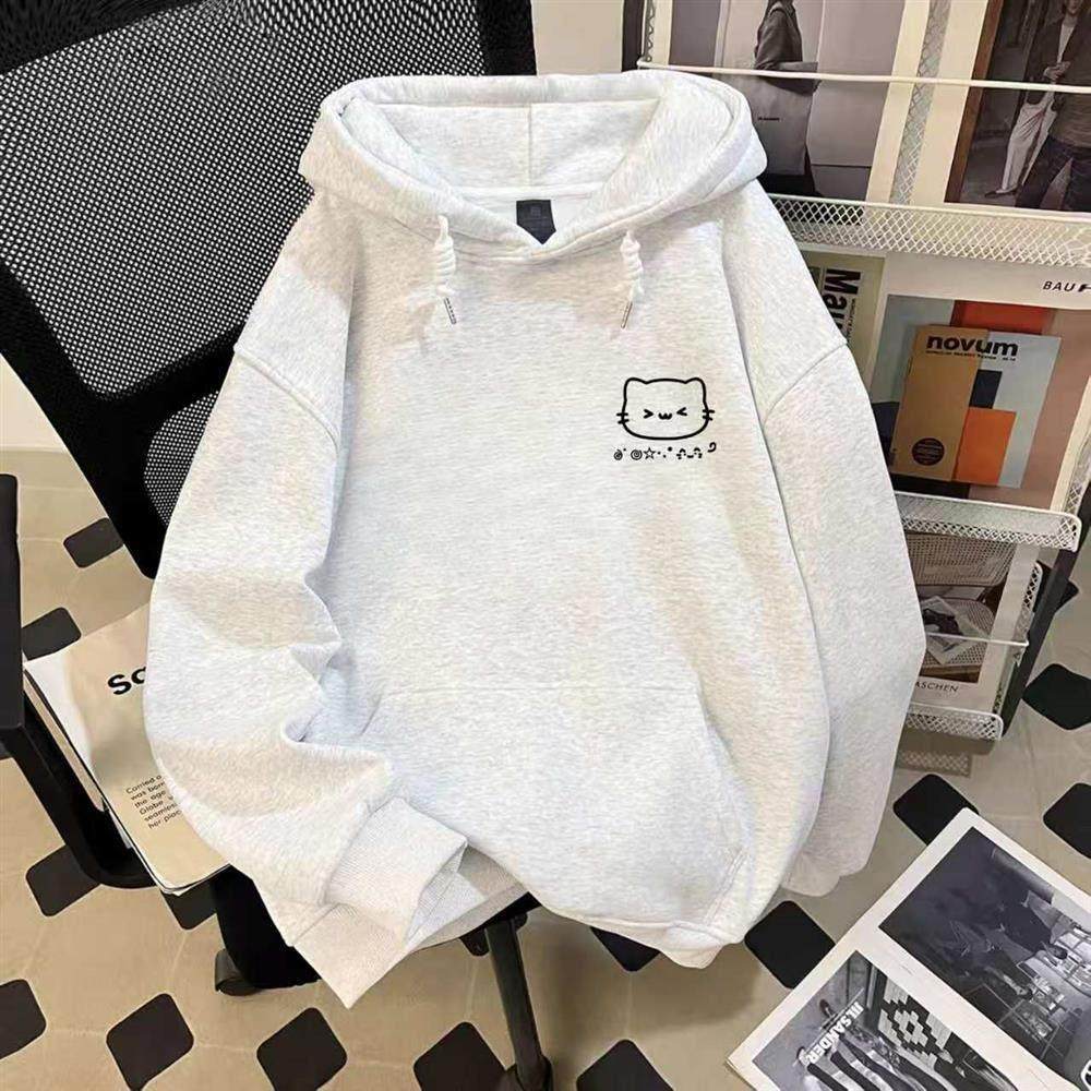 中大童卡通猫咪连帽卫衣男女童秋冬款加绒潮流时尚儿童装宽松外套